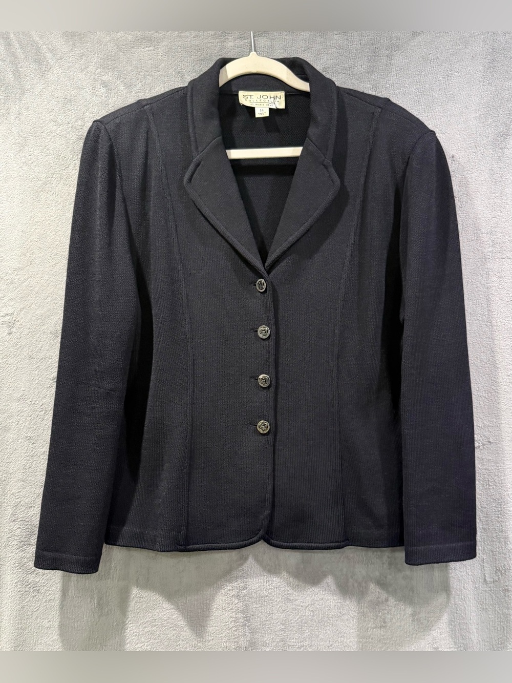 St John Collection Black Santana Knit Blazer Ornate SJ Button Jacket Size 14 VTG